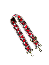 Load image into Gallery viewer, An adjustable woven nylon guitar purse strap with gold hardware, featuring a geometric Aztec diamond pattern.