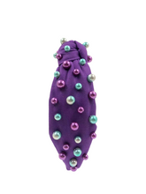 Load image into Gallery viewer, Pearls Headband Purple Fabric with Gold, Green, Purple Pearls