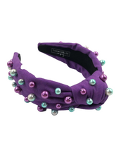 Load image into Gallery viewer, Pearls Headband Purple Fabric with Gold, Green, Purple Pearls
