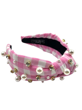 Load image into Gallery viewer, Gingham Headband with hand sewn Embellishments