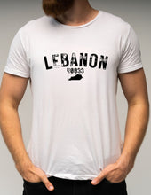 Load image into Gallery viewer, White t-shirt with 'LEBANON 40033' printed on it, worn by a person.