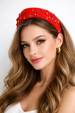 Load image into Gallery viewer, Valentine's Day Headband "Hearts on Fire" Hand-sewn Embellishments