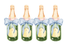 Load image into Gallery viewer, Four champagne bottles with blue bows on a white background