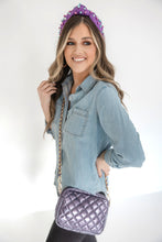 Load image into Gallery viewer, Pearls Headband Purple Fabric with Gold, Green, Purple Pearls