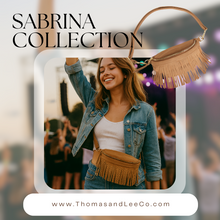 Load image into Gallery viewer, Woman wearing a denim jacket and brown fringed bag with 'Sabrina Collection' text overlay.