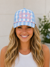 Load image into Gallery viewer, PREORDER Sunday Funday Gingham Hat – Blue &amp; Pink Embroidered Hat - Ships 6/01
