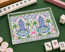 Load image into Gallery viewer, Decorative box with floral and pagoda design on a green surface with Mahjong tiles.
