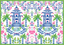 Load image into Gallery viewer, Patterned design with pagodas, palm trees, and flamingos on a white background
