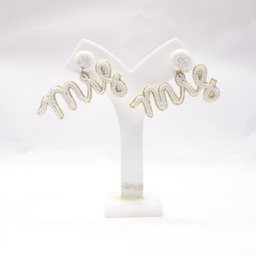 Hand Beaded White MRS Bride Earrings Seed Bead