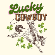 Load image into Gallery viewer, Acrylic serving tray with 'Lucky Cowboy' text and an illustration of a cowboy on a horse, surrounded by shamrocks and green leaves.

