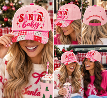 Load image into Gallery viewer, A collage showing a woman wearing a pink baseball cap with 'Santa baby' and 'Holly From the Christmas Tree' text, along with holiday-themed sweaters and drinks in a festive outdoor setting.
