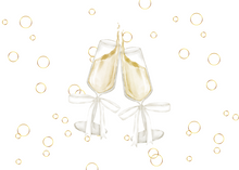 Load image into Gallery viewer, Two champagne glasses clinking together with gold bubbles on a white background
